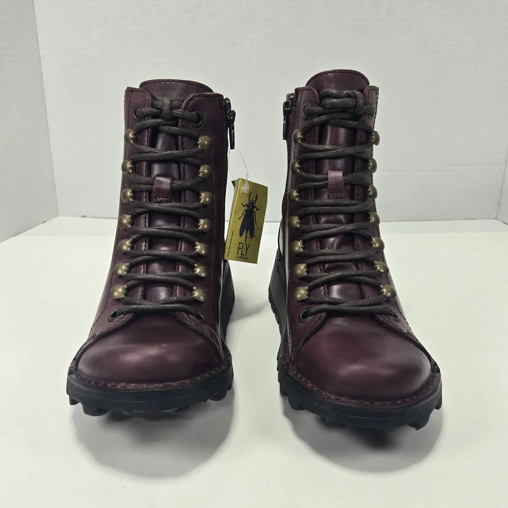 Fly London MALU001FLY Burgundy Purple Combat Hiking Ankle Boots Size EU 35 US 4